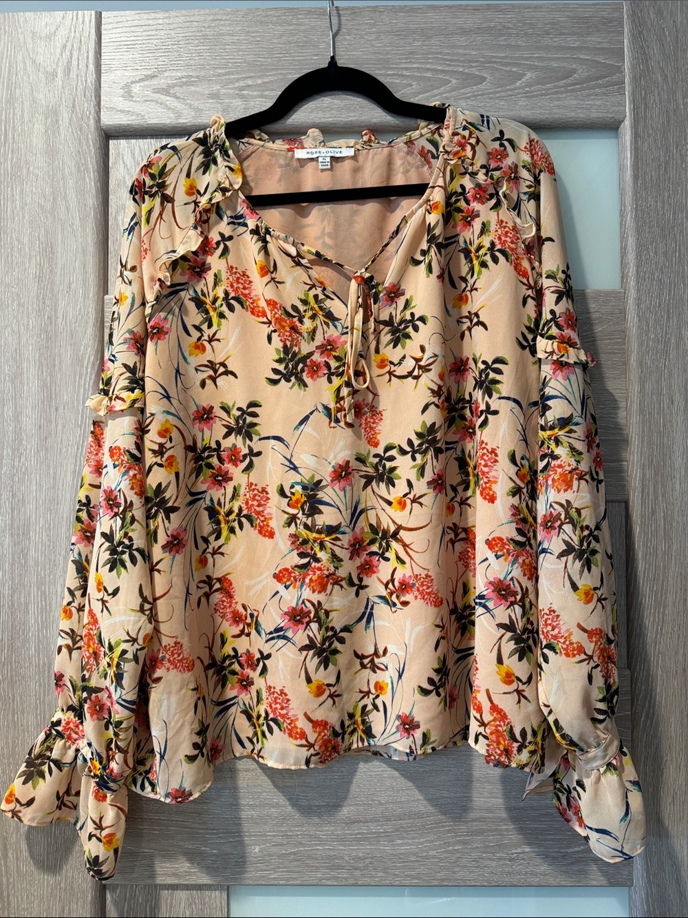Rose + Olive XL Floral Ruffle Blouse Bell Sleeve Boho Romantic Cottagecore Top